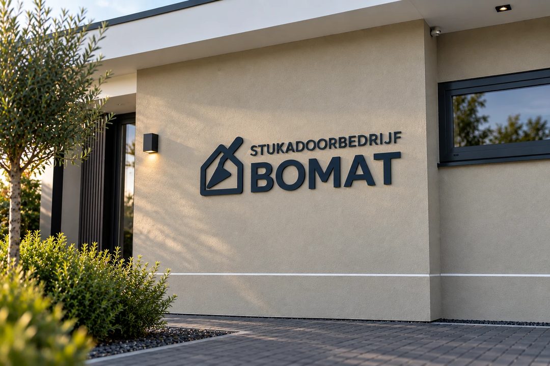 Impressie: gestucte gevel met het logo van Stukadoorbedrijf Bomat